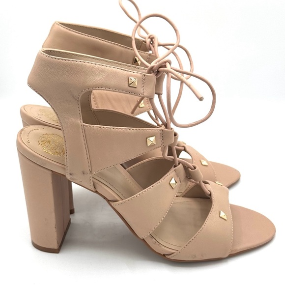 VINCE CAMUTO Meadoe Bare Kiss Nude Strappy Lace Up Heels Gold Studs Size 7.5 - Picture 3 of 9